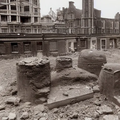 Prompt: 2 0 th century relics disinterred by the archæological expedition excavating on the site of the capital of the ancient british empire, the fabulous city of london