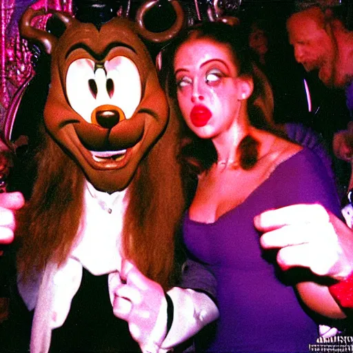 Prompt: Disney's real life characters of The Beauty and the Beast rocking hard on an Acid House track at a small rave party, shot with a disposable camera with flash