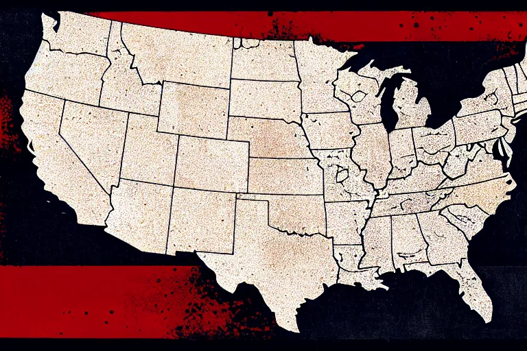 Prompt: map of united states torn in two burning,linocut, moody, Karolis Strautniekas, Mads Berg, stippled light, dramatic lighting,editorial illustration, detailed,fine texture, matte print,dynamic composition,dark blue+dark red+dark +beige+white+black