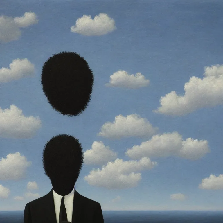 Image similar to portrait of a faceless shadow - head man with long messy fuzzy hair in a suit, clouds in the background, by rene magritte, detailed painting, distance, middle centered, hd, hq, high resolution, high detail, 4 k, 8 k