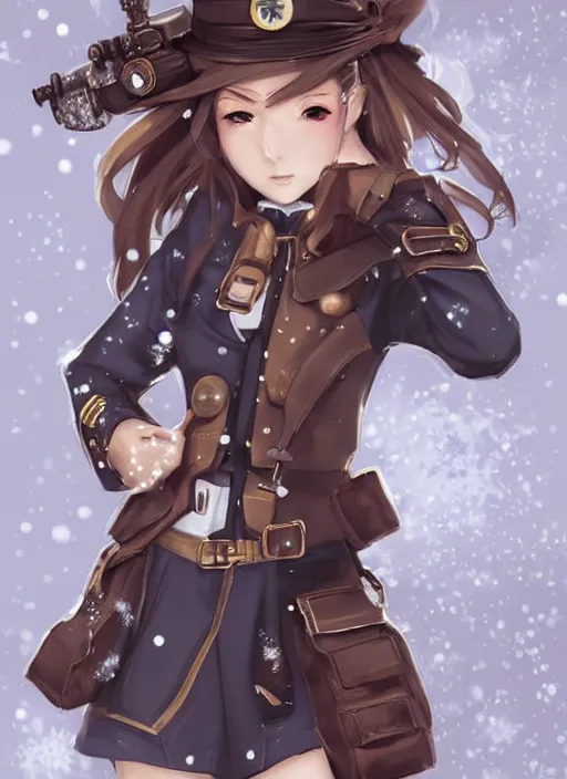 Image similar to girl with steampunk weapons and uniform, serious, intense, finely detailed, made by artgerm, full body portrait, illustration, snow, snowing, cloudy, anime, side view, perfect anime face, realistic face, zoomed out, smooth, brown eyes, high waisted shorts, sharp focus