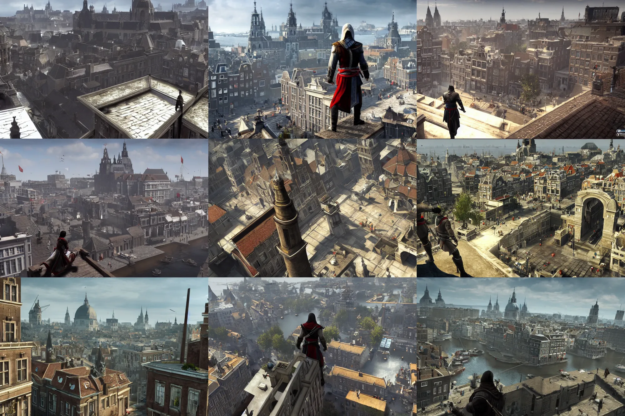Prompt: a promotional gameplay screenshot of an assassin looking out over the city of amsterdam in the video game assassins creed. 3 d rendering. very detailed