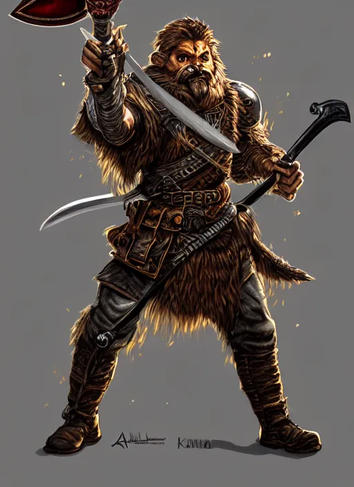 Image similar to strong young man, photorealistic bugbear ranger holding a flaming sword, black beard, dungeons and dragons, pathfinder, roleplaying game art, hunters gear, jeweled ornate leather and steel armour, concept art, character design on white background, by alan lee, norman rockwell, makoto shinkai, kim jung giu, poster art, colours red and green