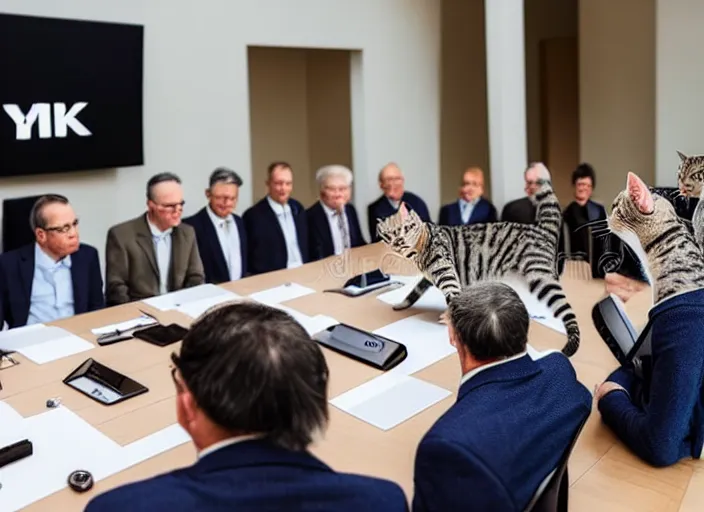 Image similar to photo of a management board meeting of well dressed cats. Highly detailed 8k. Intricate. Sony a7r iv 55mm. Stock photo.