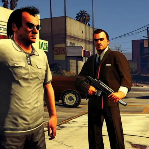 Prompt: extremely cool looking quentin tarantino in the game'gta v '. he shoots at civilians. highly detailed.