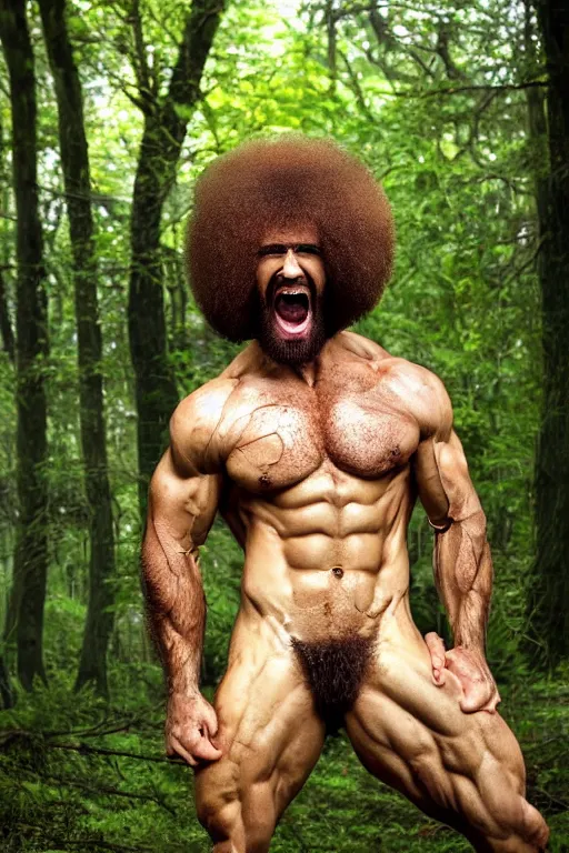 Prompt: portrait of a muscular bob ross screaming, chiseled features, beautiful flowing brown curly hair, mythological, god of nature, defined muscles, artsy photography, film photo, 4 k, model posing, deep tan skin, trending on artstation, fashion photography, yellow eyes, overgrown background, dryad, verdant forest