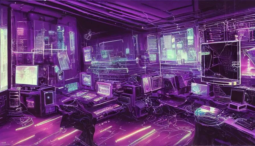 Prompt: A highly detailed rendering of a Cyberpunk hackers bedroom which has sophisticated hi-tech computers and hologram wall boards surrounded by messy cables, soft neon purple lighting, reflective surfaces, sci-fi concept art, by Syd Mead and H.R.Giger, highly detailed, oil on canvas