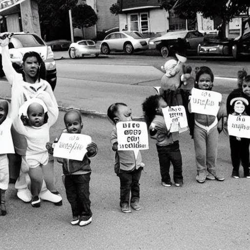 Image similar to babies protesting in front of a daycare center