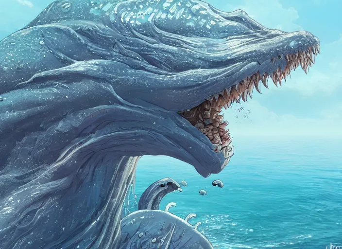 Image similar to a majestic water-dwelling creature with a cute smiling face, creature rising through the surface of the water, lake and sea beast, digital painting, masterpiece, 4k wallpaper, fantasy creature design by Moebius and Hayao Miyazaki, beautiful, gorgeous, artstation