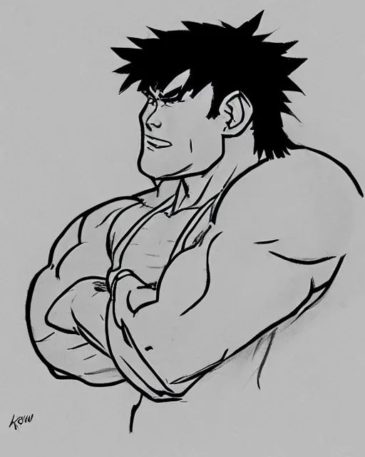 Image similar to ryu from street fighter, sketch by glen keane and jin kim, black and white illustration, concept art, disney