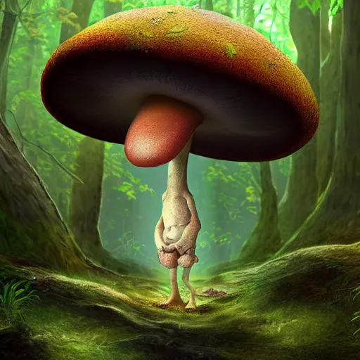 Prompt: a friendly stoic human brain mushroom creature, growing in a mystical forest, trending on artstation, digital art, 8 k