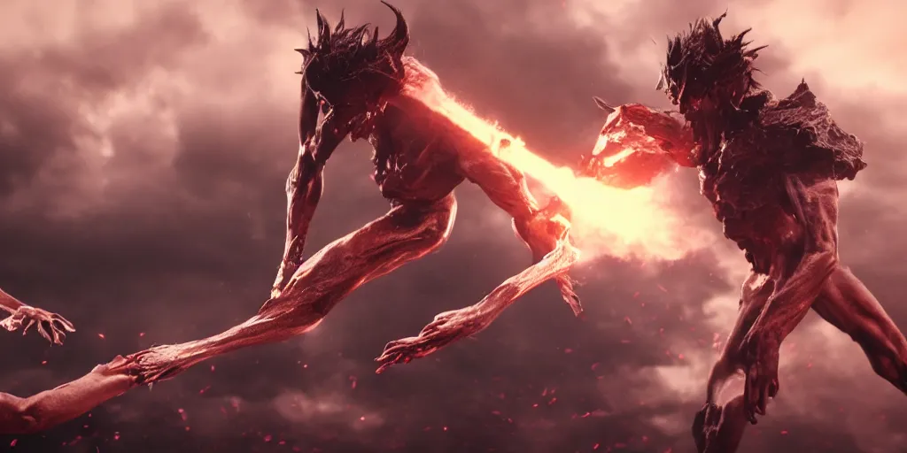 Prompt: ! dream macron fighting belial, natural lighting, realistic, cinematic, close shot, stolen footage, octane render