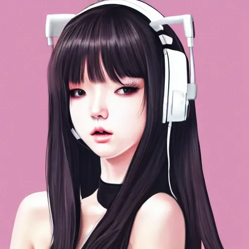 Image similar to realistic detailed semirealism beautiful gorgeous natural cute Blackpink Lalisa Manoban black hair black cat ears, wearing white camisole outfit, headphones, black leather choker artwork drawn full HD 4K high resolution quality artstyle professional artists WLOP, Aztodio, Taejune Kim, Guweiz, Pixiv, Instagram, Artstation