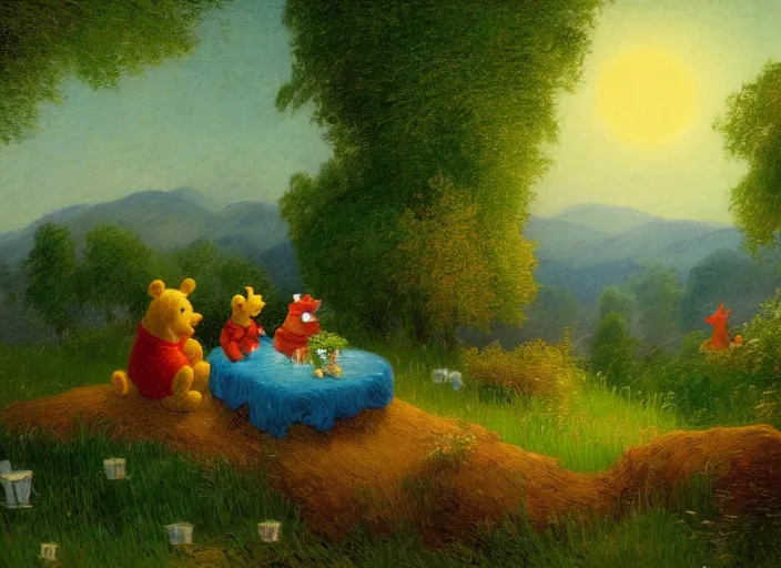 Prompt: romanticism impressionism landscape painting of winnie the pooh characters at night, night time, paper lanterns, string lights, in the style of hudson river school and thomas cole and albert bierstadt and vincent van gogh