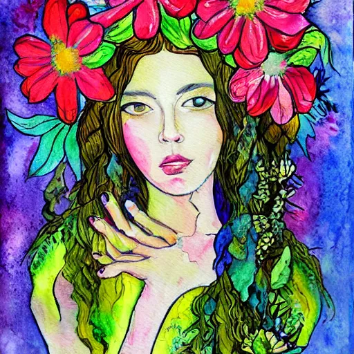 Image similar to a painting of a woman with flowers in her hair, a watercolor painting by alice mason, deviantart, psychedelic art, deviantart, detailed painting, watercolor