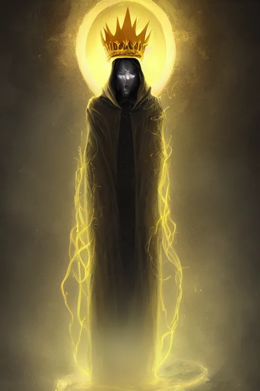 Image similar to A full body portrait of a mysterious character with no face with a very long hooded yellow cloak, a golden crown floating above his head tentacles coming out the ground art by Shaddy Safadi and Jason Chan, ominous, cosmic horror, trending on artstation, Ultra detailed, hyper realistic 4k