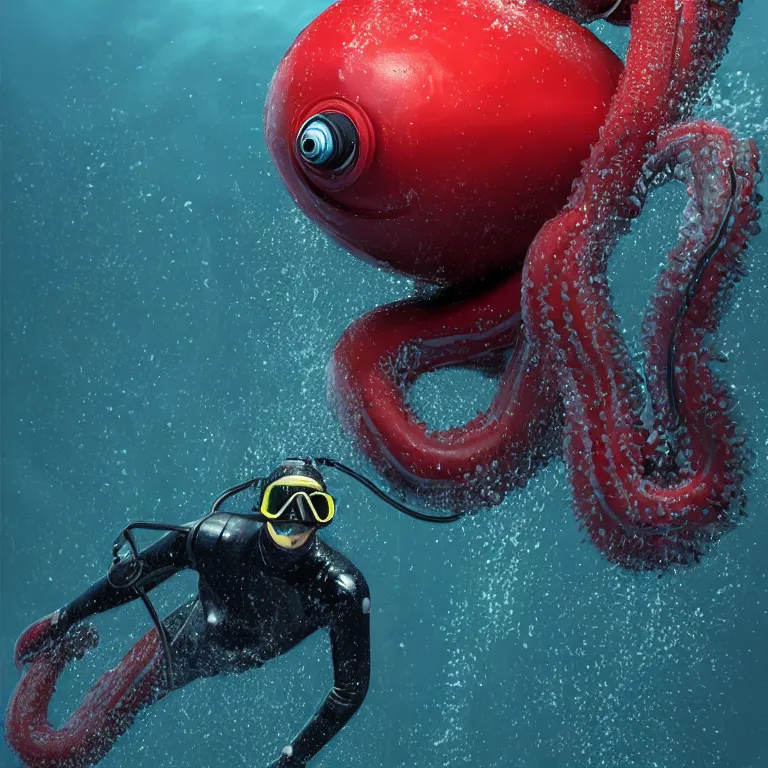 Image similar to octane render portrait by wayne barlow and carlo crivelli and glenn fabry, subject is a diver in a wet suit with goggles with giant long red tentacles coming out of their mouth, cinema 4 d, ray traced lighting, very short depth of field, bokeh