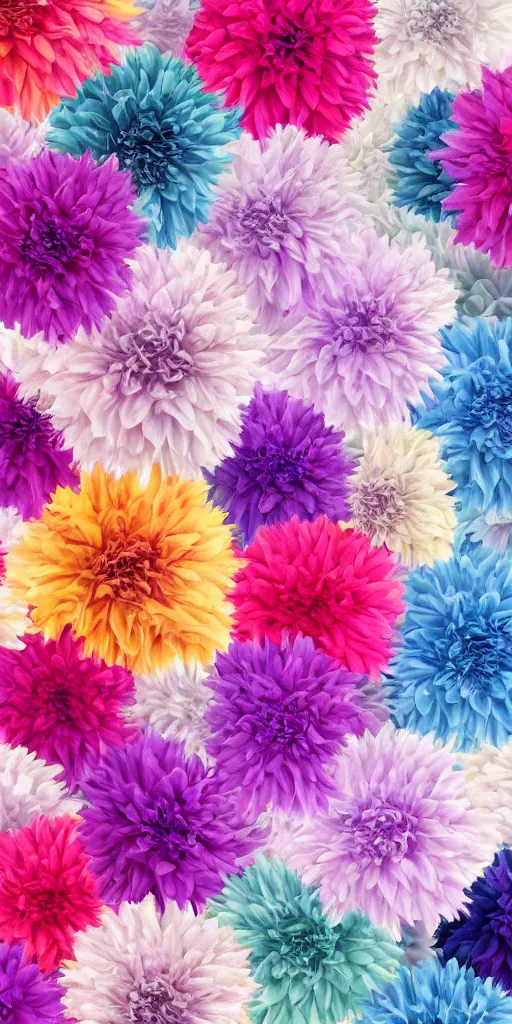 Image similar to chains of Dahlia flowers, various gradient colors, paper crumpled texture