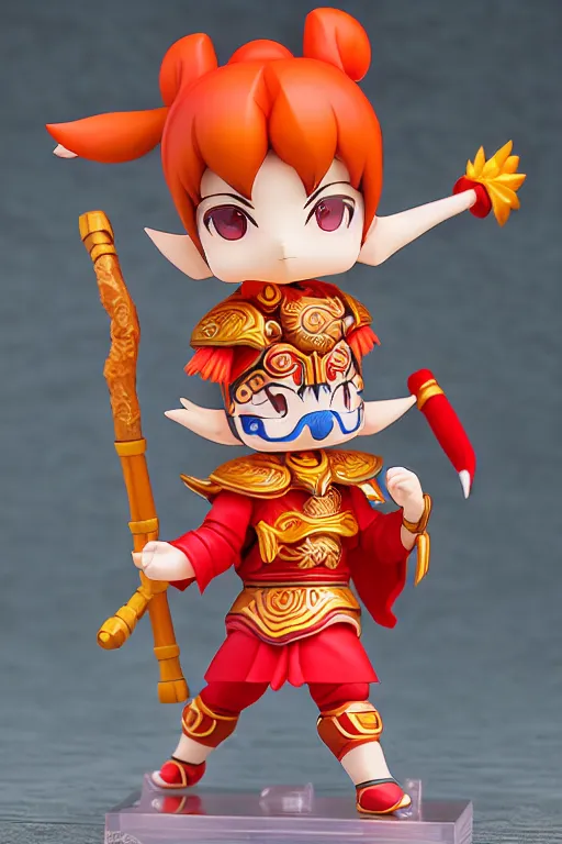 Image similar to arty chinese mythology ne zha nendoroid full body hyperdetalied, hero action pose, osamu tezuka, macoto takahashi, chibi, q posket, 8 k realistic, 3 d, cryengine, exquisite, red cloth around his shoulders, hold spear, ne zha ( 2 0 1 9 ), fenghua zhong,