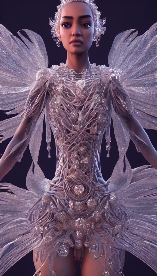 Image similar to full body detailed, ethereal, biomechanical, covered in diamonds and other gems glowing, highly detailed face, elegant posed, intricate, extremy detailed, beeple, cgsociety, 3 d unreal engine octane render. cinematic lighting, highly detailed 4 k art