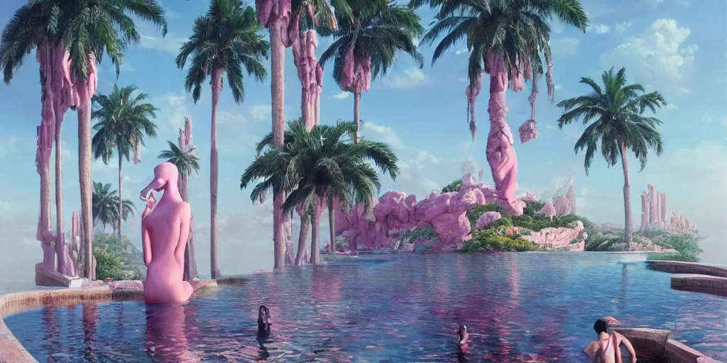 Image similar to artgem and greg rutkowski masterpiece, hyperrealistic surrealism, award winning masterpiece with incredible details, epic stunning, infinity pool, a surreal vaporwave liminal space, highly detailed, trending on ArtStation, calming, meditative, pink arches, palm trees, very vaporwave, very very surreal, sharp details, dreamscape, giant head statue ruins