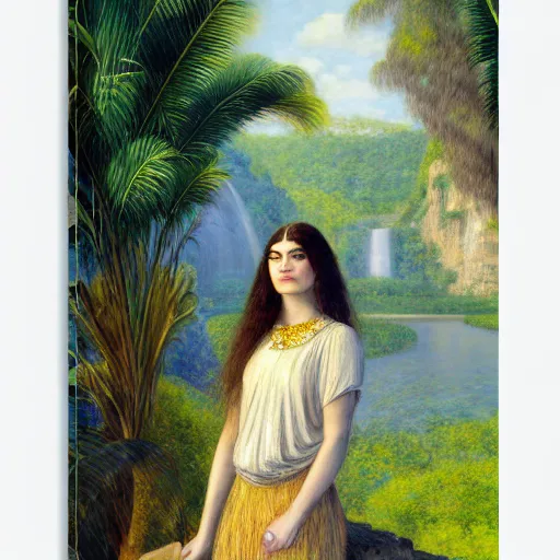Image similar to a ultradetailed beautiful painting of lorde standing in front of the diamonds waterfall in the amazonas palace balustrade designed by jules bastien - lepage, tarsila do amaral, frank weston and gustave baumann, beach, trending on artstation, mediterranean, palm trees, sharp focus, soft light, 8 k 4 k