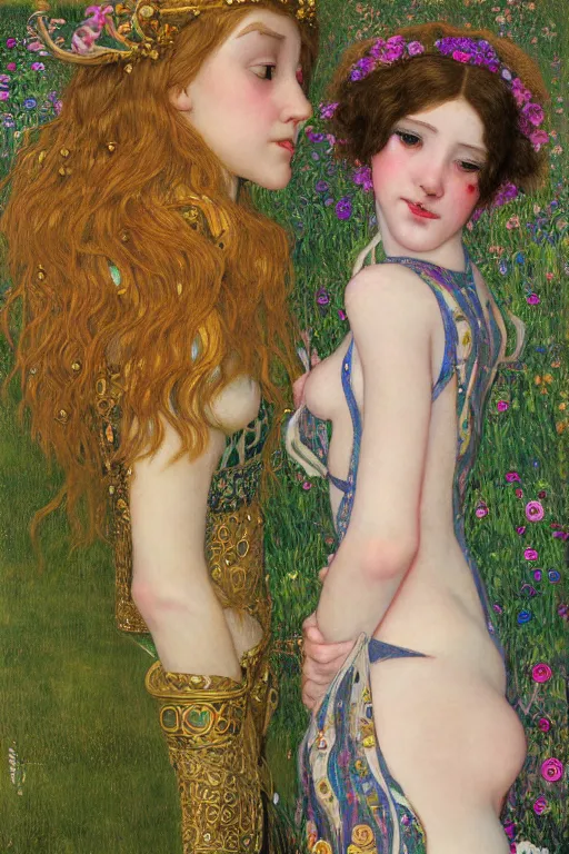 Image similar to two beautiful young elf maidens, fantasy, kiss, highly detailed, artstation, illustration, art by Gustav Klimt