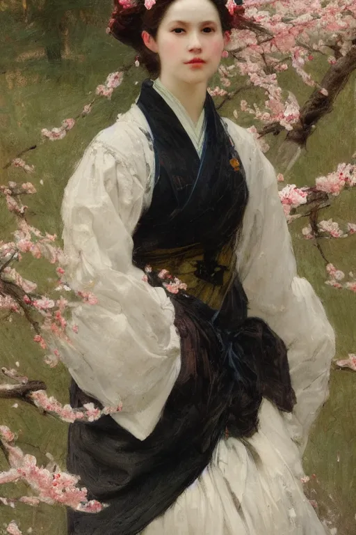 Image similar to Solomon Joseph Solomon and Richard Schmid and Jeremy Lipking victorian genre painting full length portrait painting of a young beautiful woman from japan with cherry blossoms and cherry trees