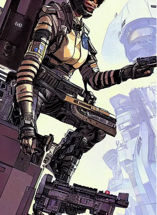 Image similar to selina igwe. apex legends buff cyberpunk spy in stealth suit. concept art by james gurney and mœbius. gorgeous face.