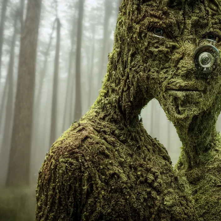 Prompt: a closeup of an alien, in a foggy mossy forest, by Omar Z. Robles, CANON Eos C300, ƒ1.8, 35mm, 8K, medium-format print