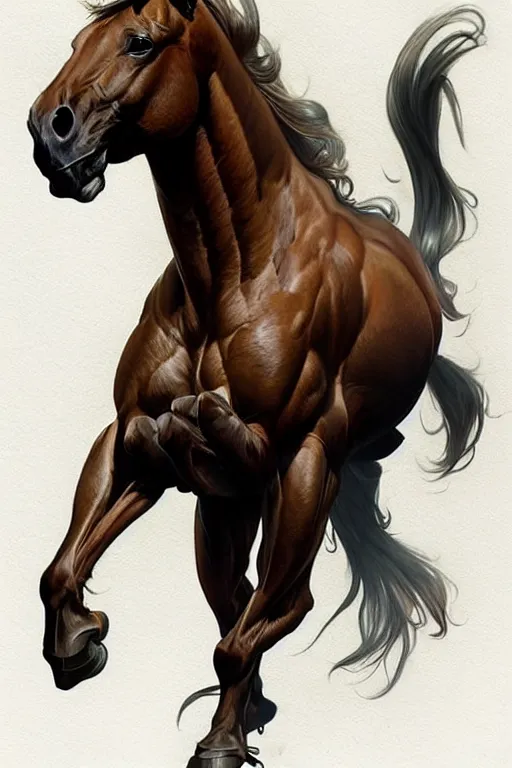 Image similar to an enormously muscular horse at a research facility doffed in leather, highly detailed, digital painting, artstation, concept art, sharp smooth focus, illustration, art by artgerm and greg rutkowski and alphonse mucha