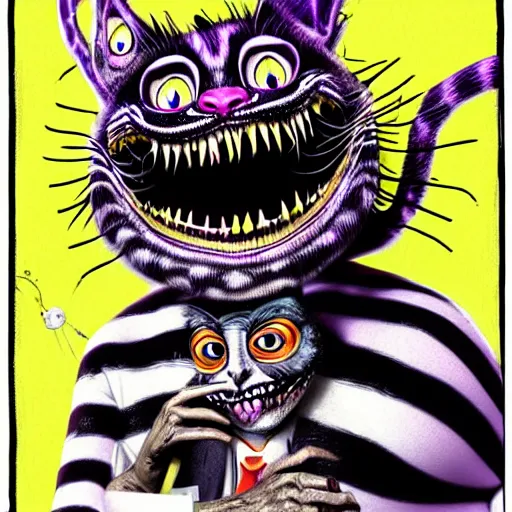 Prompt: graphic illustration, creative design, cheshire cat as alice cooper, biopunk, francis bacon, highly detailed, hunter s thompson, concept art