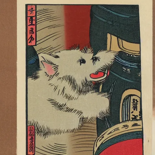 Prompt: Japanese woodblock print of a westie bottling wine next to a barrel