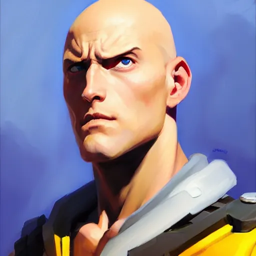 Image similar to Greg Manchess portrait painting of Saitama as Overwatch character, medium shot, asymmetrical, profile picture, Organic Painting, sunny day, Matte Painting, bold shapes, hard edges, street art, trending on artstation, by Huang Guangjian and Gil Elvgren and Sachin Teng