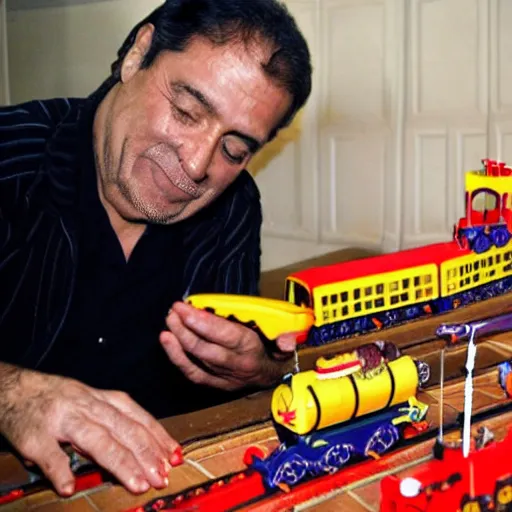 Prompt: alfredo perez rubalcaba playing with train toys