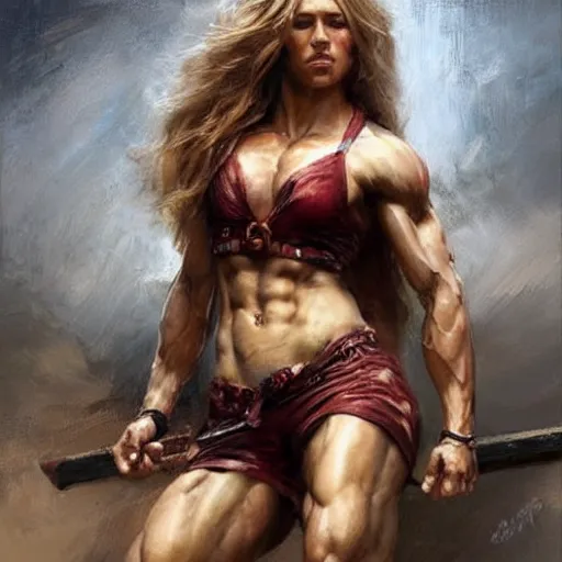 Image similar to muscular gigachad with face of shakira, by daniel gerhartz, trending on art station
