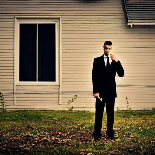 Prompt: man in strict suit, one man, an indifferent face, house on background, bloody knife, blood on body, full body, little fog, evening, extremely detailed, sharp focus, professional photographer, professional model, minimalism, real life