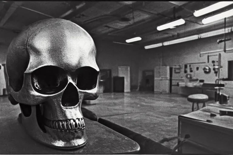 Prompt: large metallic skull sitting atop a pile of thick coiled power cable, stoic and calm, inside of an unlit 1970s science lab, ektachrome photograph, volumetric lighting, f8 aperture, cinematic Eastman 5384 film