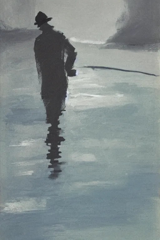 Image similar to man standing by a river, 1960’s minimalist advertising illustration, painterly, expressive brush strokes