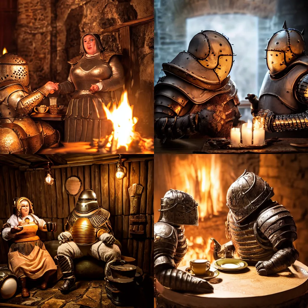 Prompt: Siegmeyer of Catarina having tea with Sieglinde of Catarina in a undead tavern, warm lighting, fireplace, godrays, DSLR photo