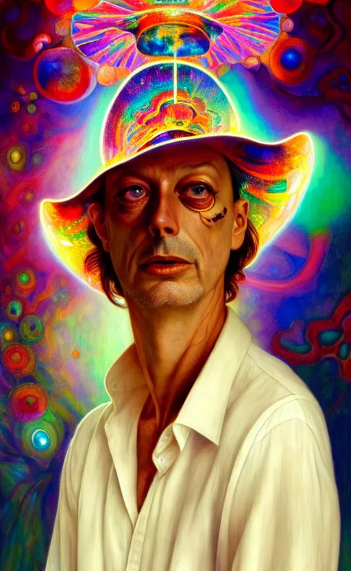 Image similar to An extremely psychedelic celestial larry harvey in his white fedora hat, colorful, surreal, dramatic lighting, magic mushrooms, psilocybin, LSD, face, detailed, intricate, elegant, highly detailed, digital painting, artstation, concept art, smooth, sharp focus, illustration, art by Krenz Cushart and Artem Demura and alphonse mucha