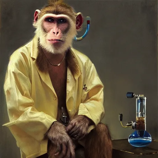 Prompt: portrait of a proud old monkey doctor working in a chemical lab, artwork by gaston bussiere, craig mullins, trending on artstation, monkey dressed as a scientist, using googles and wearing a doctor coat