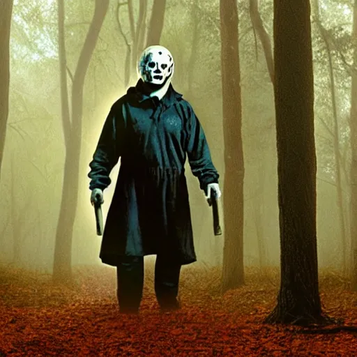 Image similar to He still image of Michael Myers in the woods foggy very detailed 4K quality super realistic