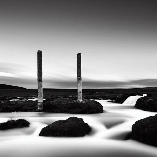 Image similar to minimalist black and white photograph of an icelandic valley, time exposure, of a river, sharp tall pillars, sharp rocks