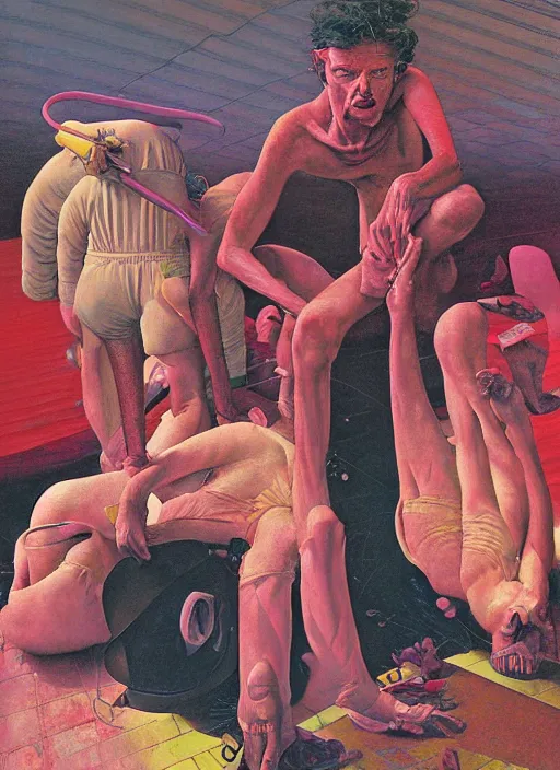 Prompt: realistic detailed image of a pink floyd album cover in the style of Francis Bacon, Surreal, Norman Rockwell and James Jean, Greg Hildebrandt, and Mark Brooks, triadic color scheme, By Greg Rutkowski, in the style of Francis Bacon and Syd Mead and Edward Hopper and Norman Rockwell and Beksinski, open ceiling, highly detailed, painted by Francis Bacon, painted by James Gilleard, surrealism, airbrush, Ilya Kuvshinov, WLOP, Stanley Artgerm, very coherent, art by Takato Yamamoto and James Jean