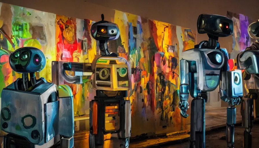 Image similar to robots! in a decrepit art gallery, painting on canvases, dramatic lighting