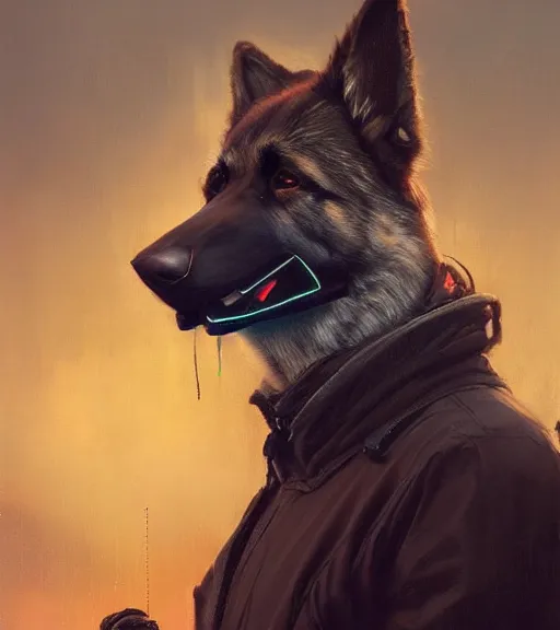 Image similar to new york city portrait of furry anthro anthropomorphic german shepard head animal person fursona wearing clothes strange cybernetic muzzle gloomy rainy cyberpunk digital art by Greg Rutkowski, Simon Stalenhag, trending on Artstation, CGSociety