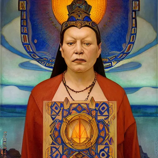 Prompt: queen of the dawn with her lantern and regalia, by donato giancola and nicholas roerich, and diego rivera, symbolist, tattoos, dramatic lighting, elaborate geometric ornament, art brut, god rays, soft cool colors, smooth, sharp focus, extremely detailed