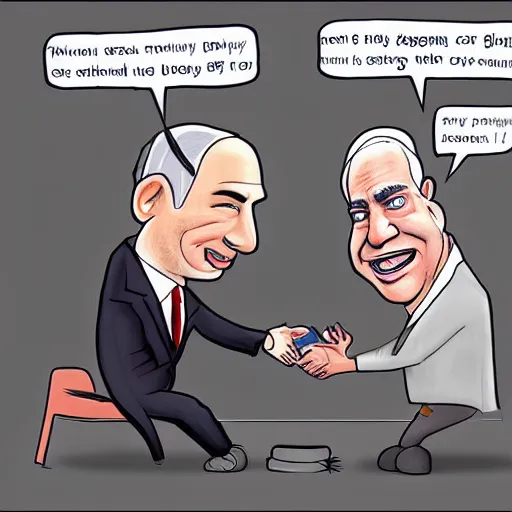 Image similar to benjamin netanyahu begging for money, caricature, simplified drwaing, digital art, trending on artstation