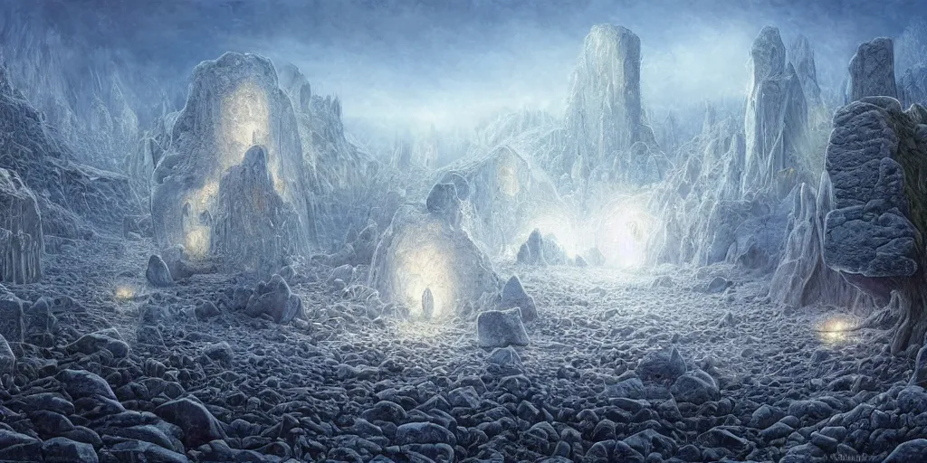 Image similar to Fantastical open landscape by Ted Nasmith, giant crystals, frost, iridescent, digital painting, concept art, landscape